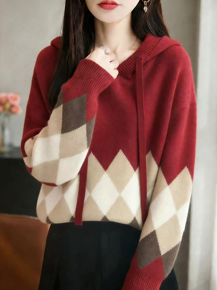 Women's Loose Red Diamond Pattern Hooded Sweater - Autumn/Winter Stylish Knit Top