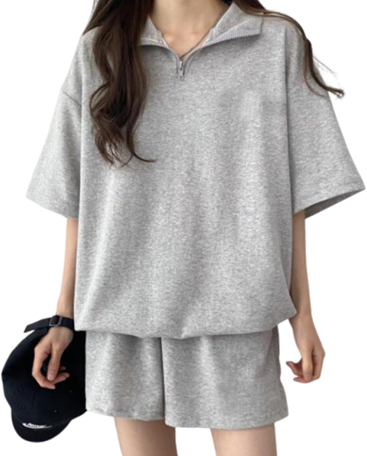 

J.STORE Women s Short Sleeve Tracksuit Set (Gray, 5A-J01-GYM) - Zippered, Loungewear, and Pants. A cute, Korean-inspired slimming outfit.