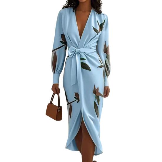 

Women s Floral Print Satin Wrap Midi Dress Deep V Neck Long Sleeve Bodycon Dress Split Formal Evening Party Dress M небесно-голубой