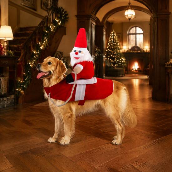 Dog Christmas Party Dress Santa Rider Costume, Outfit, Adjustable Closure, Funny Festival Pet Gift Apparel for Small to Medium Dogs, Holiday Cosplay,