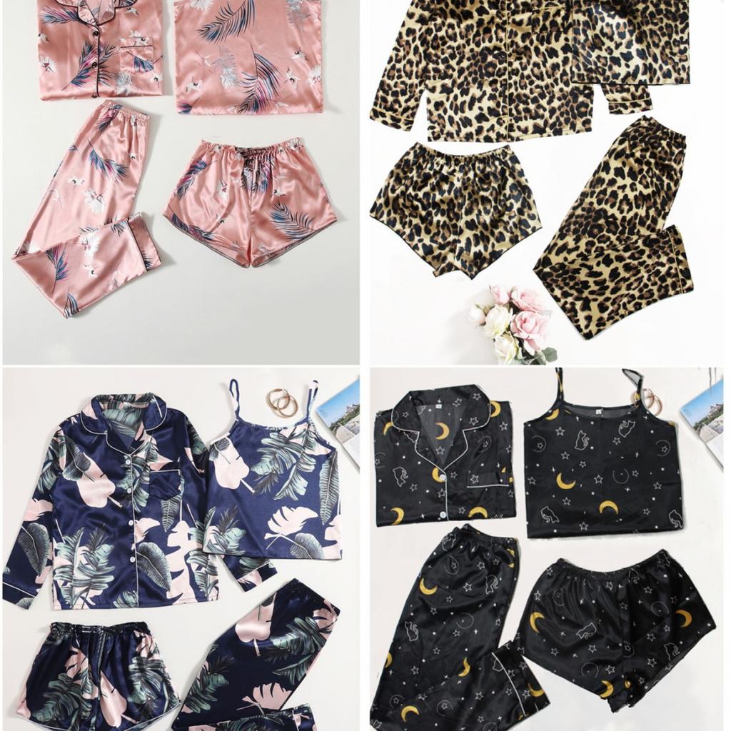 European and American Style Women's Home Wear 4-piece Camisole Shorts Long Sleeve Long Pants Pajamas Set Fashion Printed Loungewear