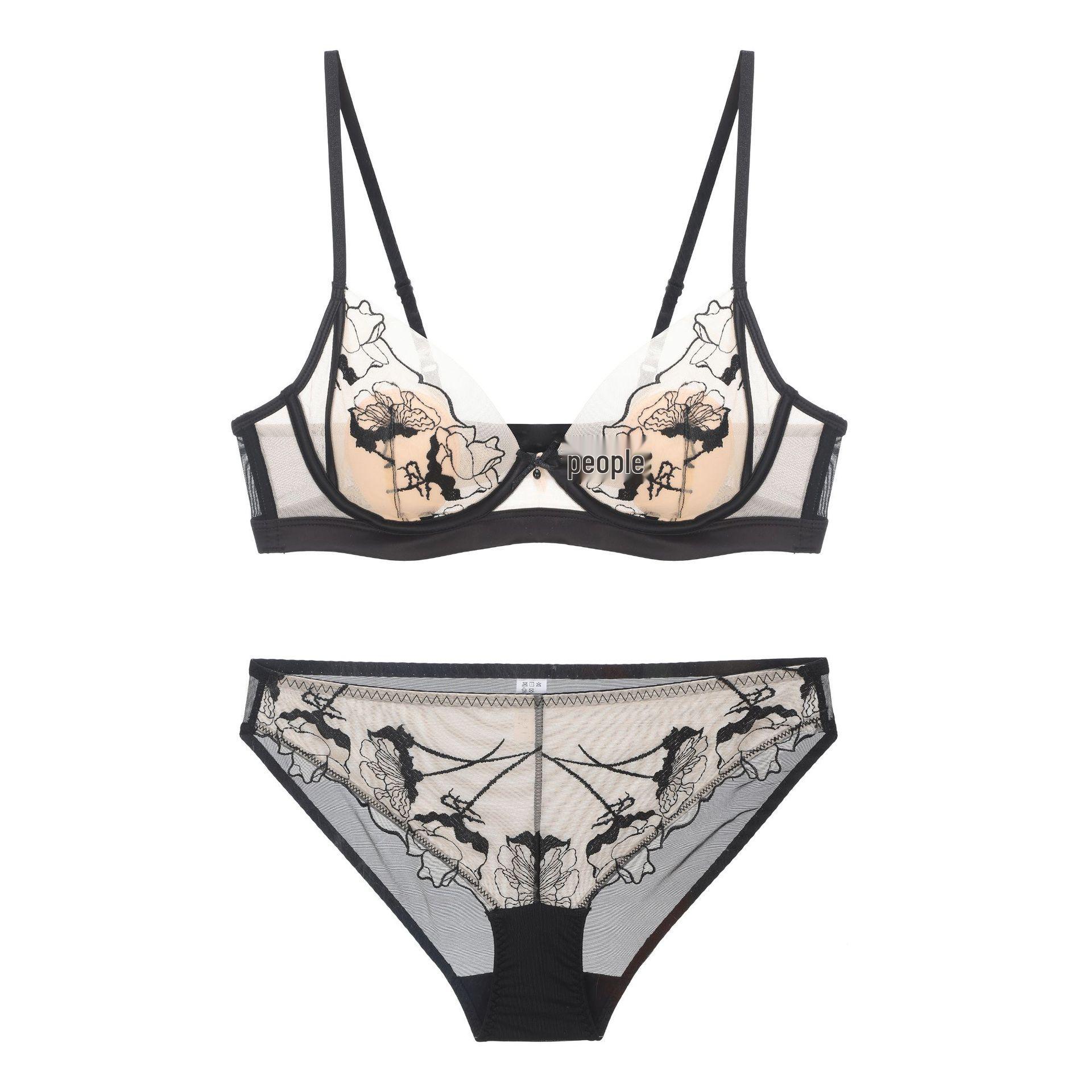 

Французский вышитый кружевной комплект пуш-ап бюстгальтера с кроличьими ушками Bra-85B чёрный