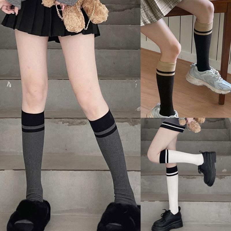 Women's Cotton Boot Socks Knee High Socks JK Preppy Calf Socks Simple Color Block Striped Knee High Stockings Gifts