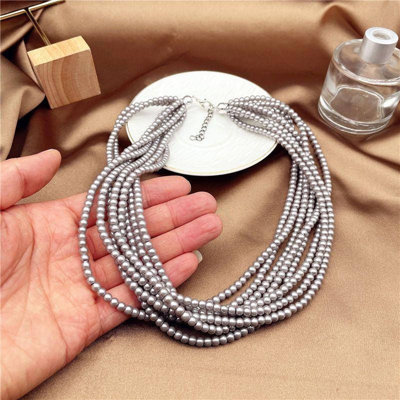 Niche design sense retro multi-layer silver gray glass pearl necklace women's short models new Korean temperament Internet celebrity