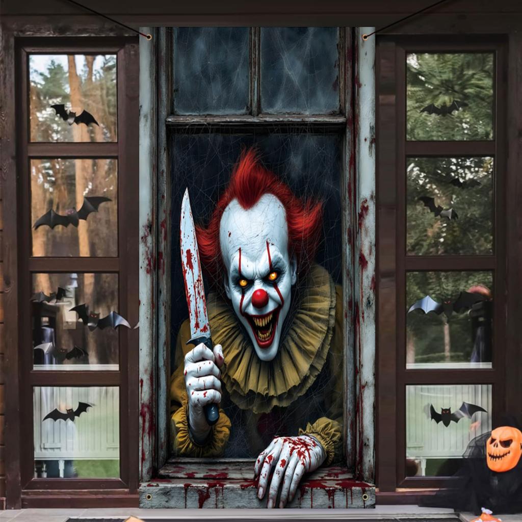 Halloween Horror Decoration Background Cloth, Haunted House Family Arrangement, Outdoor Door Curtain Hanging Cloth Vertical Poster