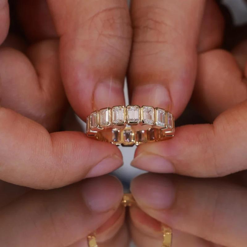 Emerald Cut White Zircon Rings for Women Men Luxury Gold Color Full Eternity Band Gifts Fine Jewelry