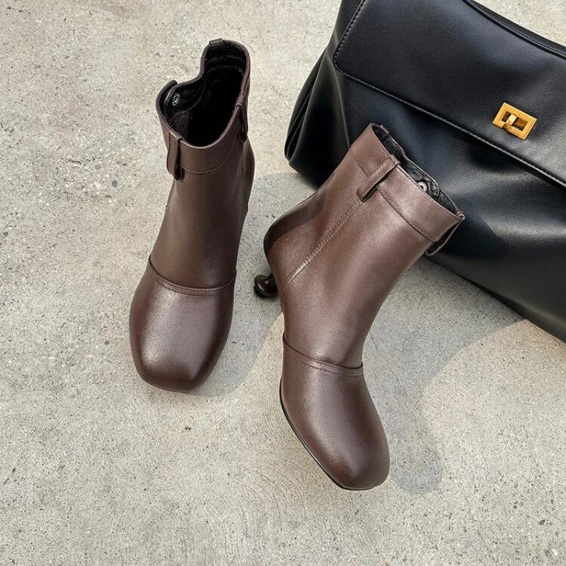 Fashion New Cowhide 5cm Irregular Low Heel Black Brown Short Boots Autumn Winter Fashion Short Plush Warm Ankle Women's Boots Size 40