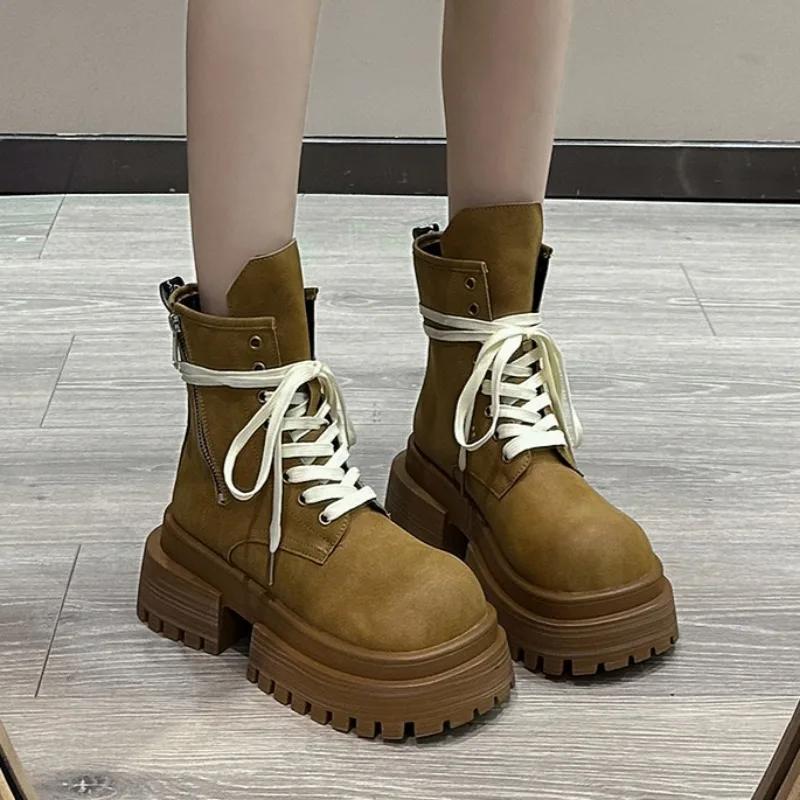 Women's Boots 2024 New Thick-soled Thick-heeled Knight Boots Zapatos Lace-up Design Punk Style Zipper Casual Motorcycle Boots