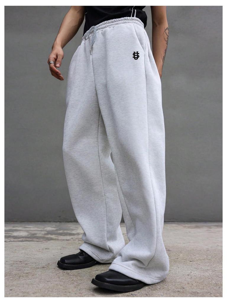 Men's Cross-Border Embroidered Sweatpants: Casual Wide-Leg, Autumn/Winter, Plus Velvet