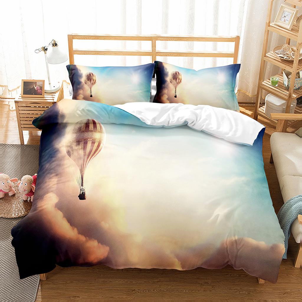 Heißluftballon Bettbezug Set Weißes Wolkenmuster Polyester Bettdeckenbezug King Queen Einzelgröße Für Kinder Mädchen Schlafzimmerdeko