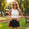 Shorts vaqueros de cintura alta para mujer, rotos, con dobladillo deshilachado, cierre de botón, rasgados, informales, de moda, vaqueros con bolsillos