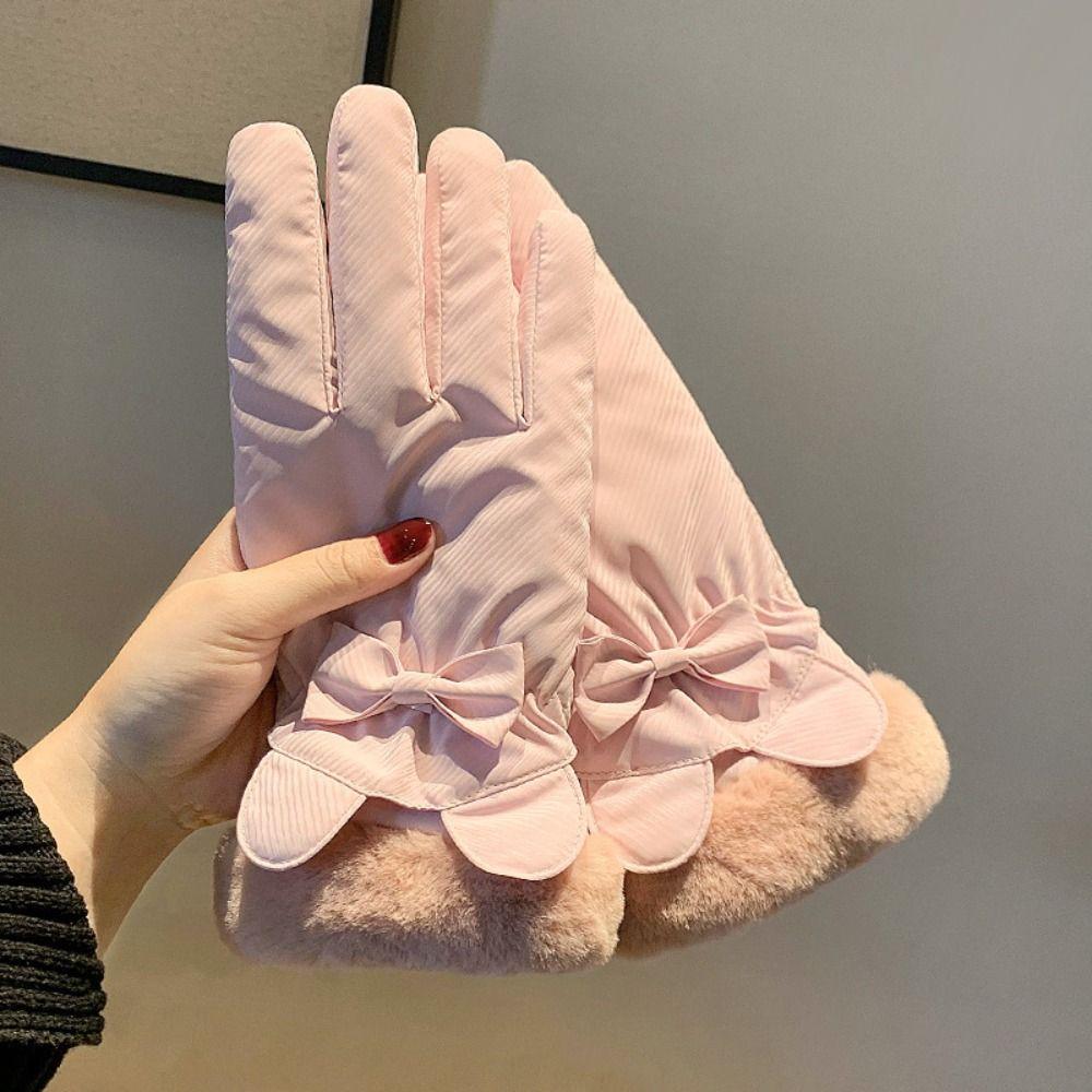 Soft Plush Thickened Gloves  Satin Windproof Gloves Gift Bow Anti-cold Mittens  Daily