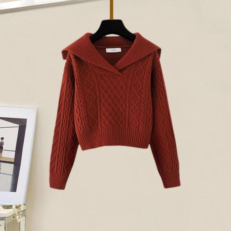 Petite Two-Piece Set: Peter Pan Collar Cable Knit Sweater + High-Waisted A-Line Knit Midi Skirt, Autumn/Winter Style.