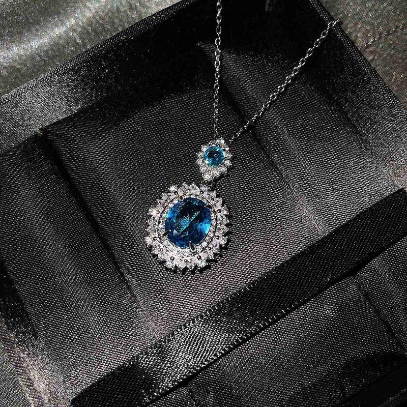 European and American New Cross-Border Luxury Gemstone Set Inlaid with Blue and Yellow Zircon Necklace, Ring, Earrings, Pendant for Women Colorful Blue Necklace
