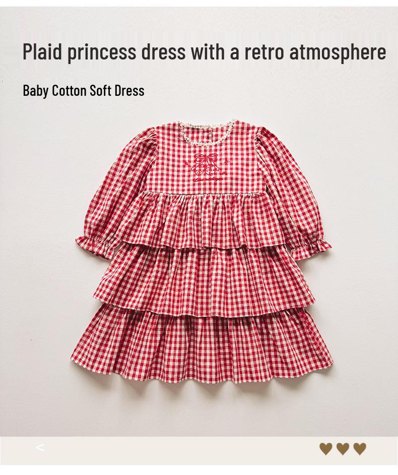 2026 Autumn Korean Children's Strawberry Embroidered Dress - Sweet Girl's Round Neck Lace Plaid Cake Skirt