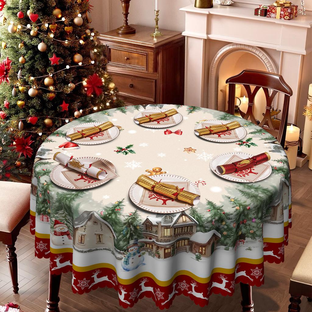 Weihnachtstischdecke, Schneehütte Cartoonmuster Wasserdichte Esstischdecke, Couchtischdecke Stoff
