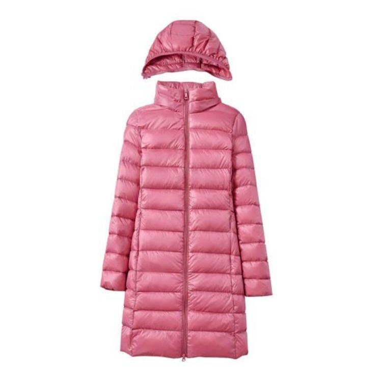 Women Plus Size Winter Down Coat Slim Fit Mid Length Hooded Windproof Warm Padded Long Sleeves Solid Color Zipper Closure