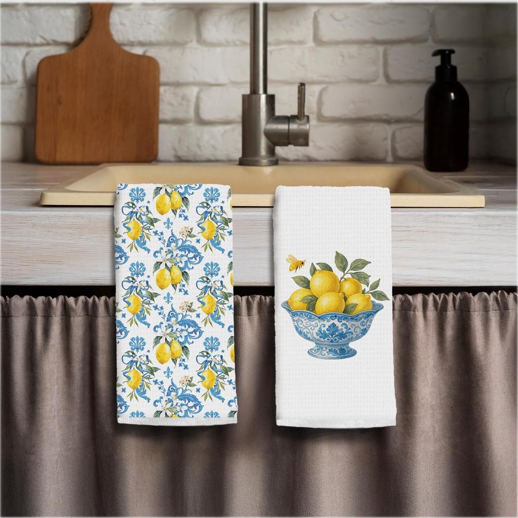 Italian Mediterranean Lemons Kitchen Towels, Capri Amalfi Coast Lemon Party Decorative Dish Tea Hand Towels for Kitchen Bathroom Decor,16x24 Inch Set