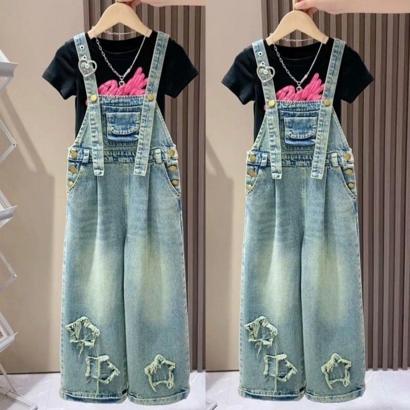 Adorable Girls Summer Outfits Loose Fit Denim Suspenders Set With Colorful T-shirt