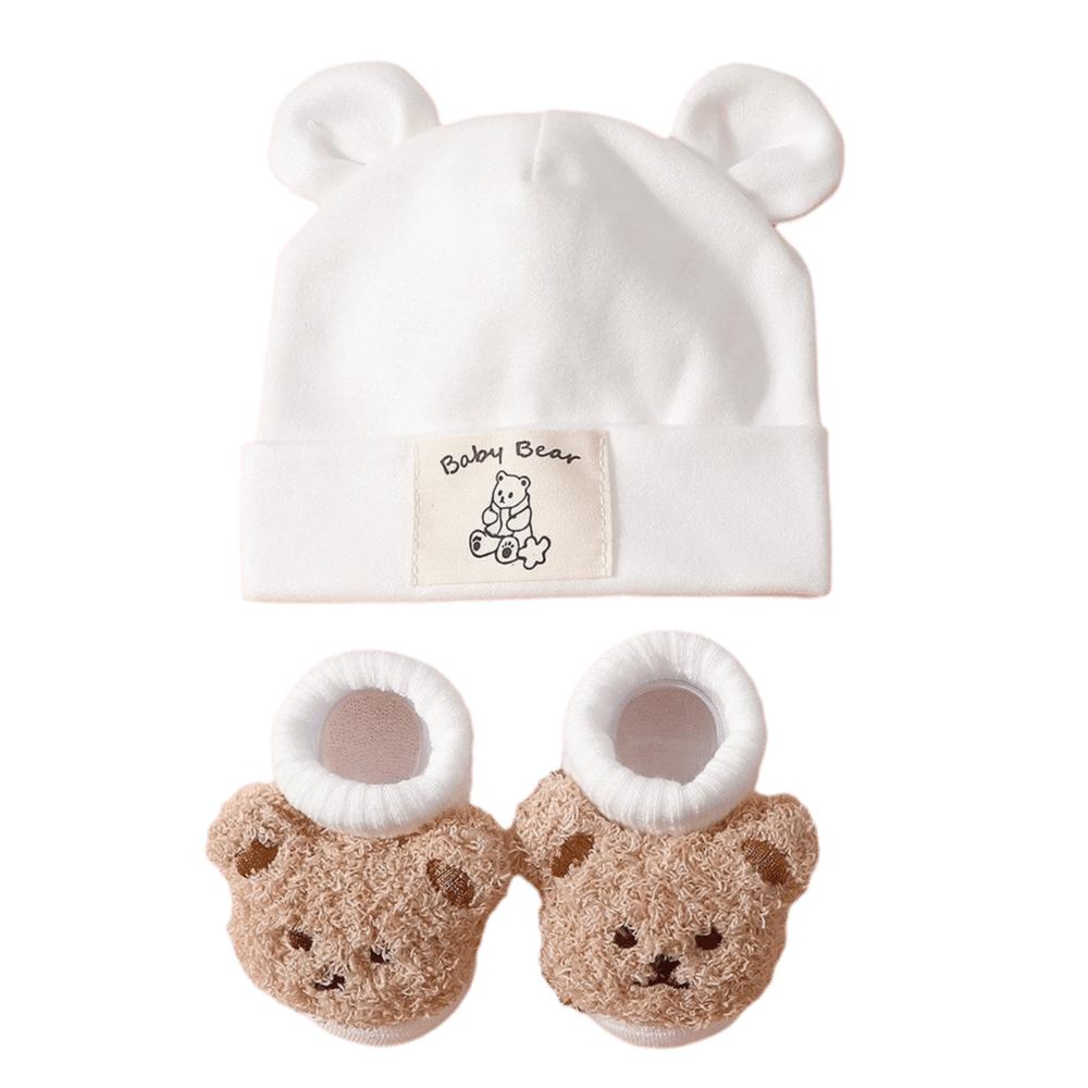 2Pcs/Set Soft Bear Ear Beanie Cotton Baby Turban Socks Cute Baby Hat Socks Set Autumn Winter