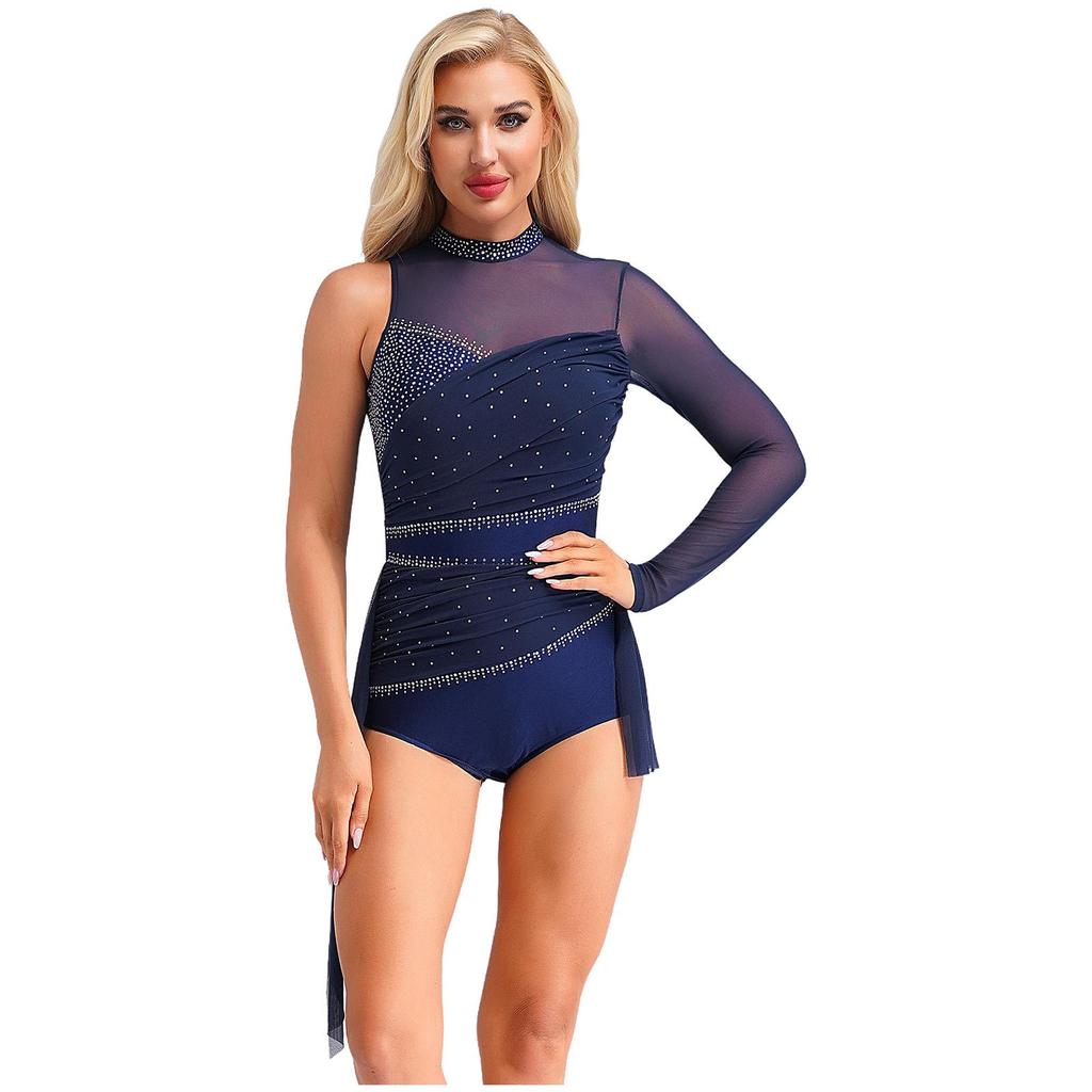 Damen Lyrisches Tanzkostüm Glitzernde Strasssteine Gerafftes Mesh-Overlay Asymmetrischer Rock-Leotard