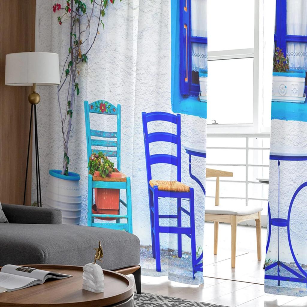 Street Bistro Windows Cadeiras Cortinas de tule Varanda Sala Moda Cortina transparente impressa Sala de estar Janela Decoração moderna