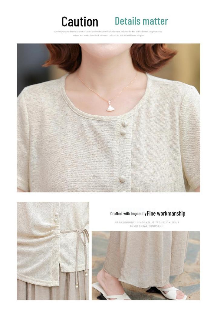 Elegant Summer Suit Set for Middle-Aged Women: Short Sleeve Top & Wide-Leg Pants