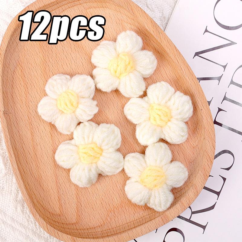 

12pcs Handmade Knitted Wool Flower DIY Accessories Girls Cute Puff Color Flower Bag Clothes Hairpin Jewelry Decor Craft Supplies белый