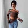 Brown Mesh One-Shoulder Ruffle Blouse with Gradient Color and Wave Sleeve