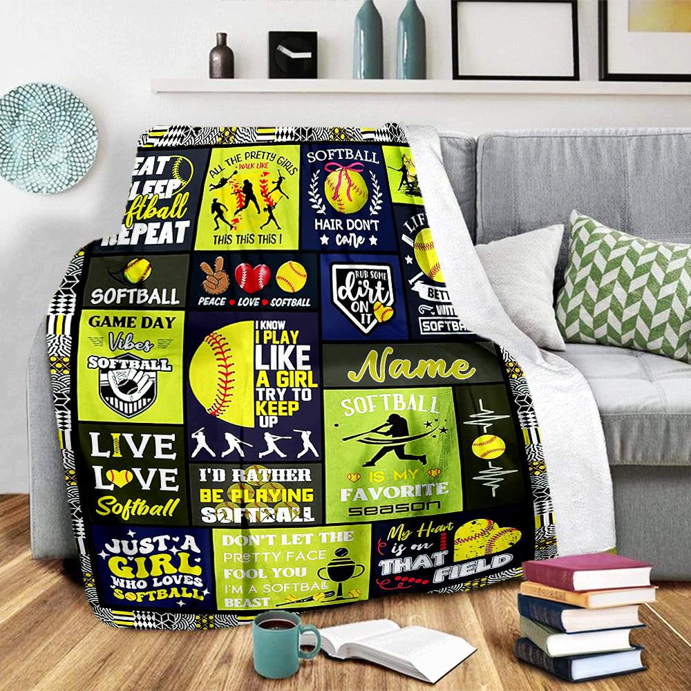 Softball Theme Home Customize Your Name Blanket Comfortable Soft Lightweight Allseason Multipurpose Blanket For Picnics Sofas Offices Beds Living