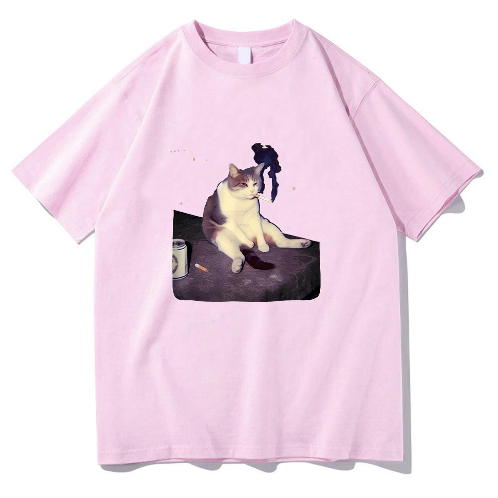 Funny Smoking Cat Meme T-shirt Cigarette Cat Print Clothing Stupid Brainrot Gift Cotton Tee Cat Lover High Quality Tshirt Unisex Men Women Anime Tops