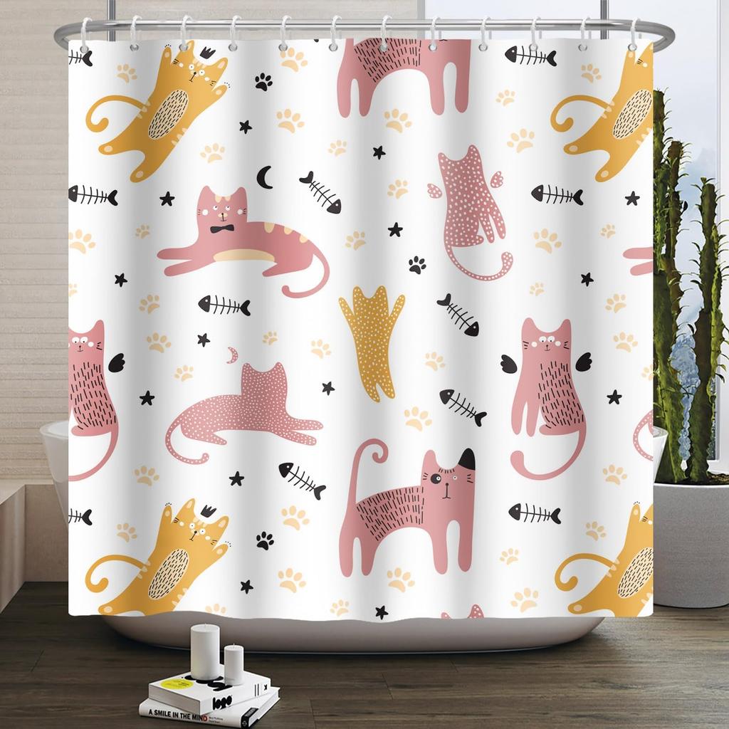 Cute Animal Abstract Style Shower Curtain Cartoon Fun Pet Theme Shower Curtain Children'S Bathroom Decoration With Hook