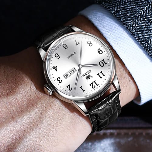OLEVS Men's Watch, Simple and Stylish, Waterproof, Analog, Black Leather Strap, Business Watch, Easy To Read, Date Display, Quartz Movement, Perfect G