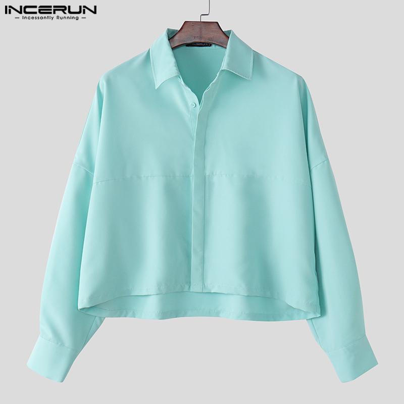 INCERUN Men Lapel Neck Long Sleeve Irregular Loose Short Cargo Shirts
