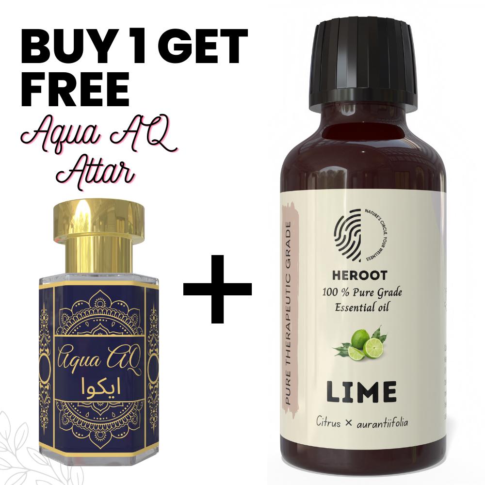 Lime Essential Oil 10ml for Aromatherapy & Home Fragrance Get 1 Free 6 Ml Attar – Aqua AQ, Dubai Oud, Aura, White Oud