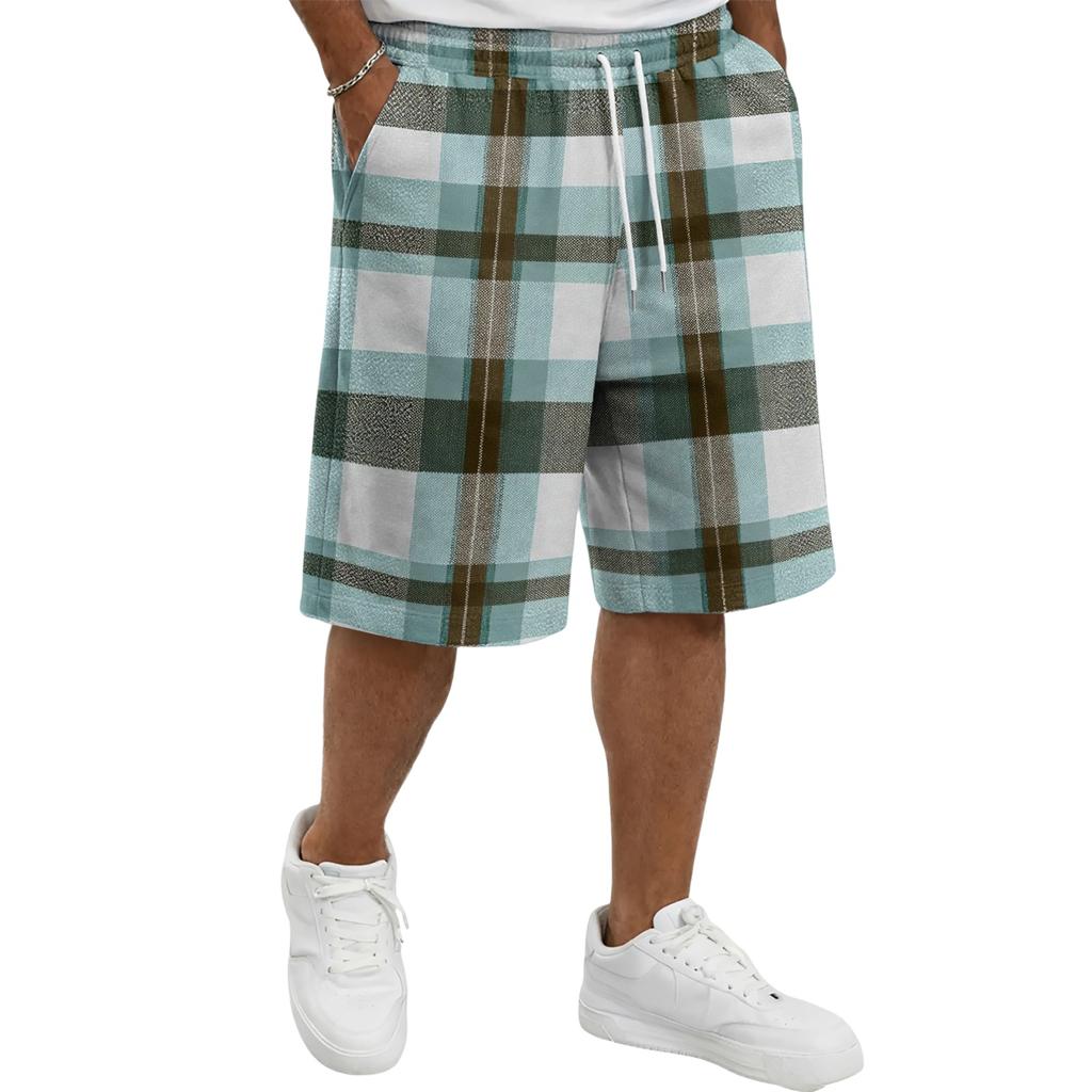 Mens Plaid Drawstring Waist Casual Shorts Relaxed Fit Knee Length Soft Fabric Lightweight Plaid Shorts for Daily Wear