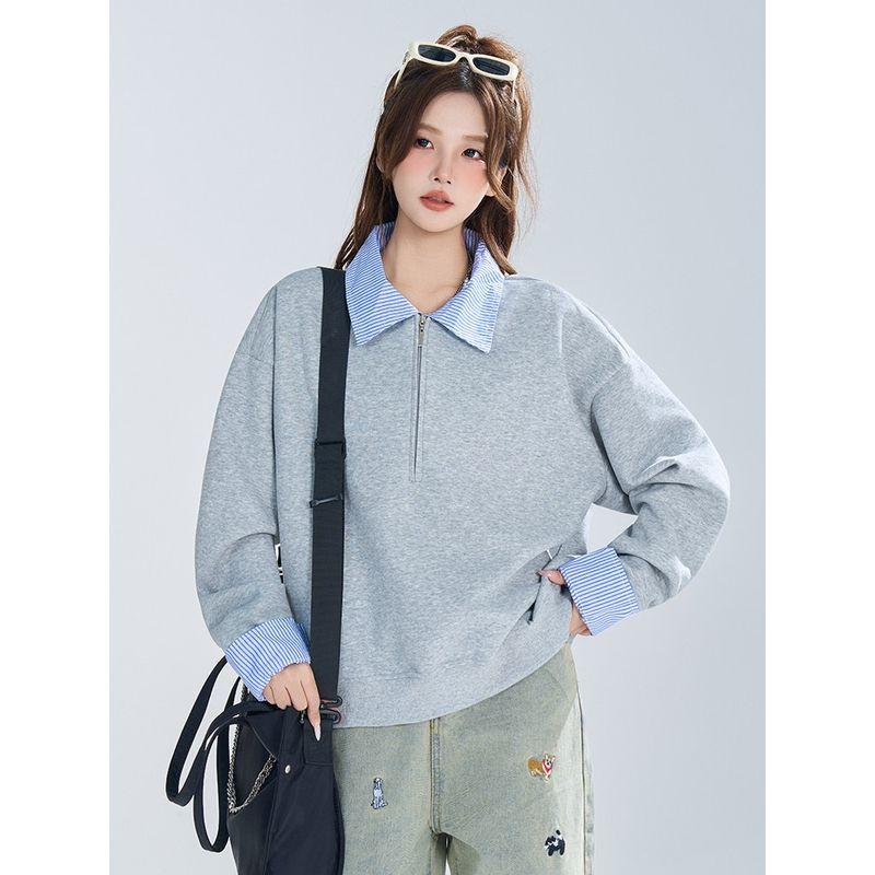 Wassup Retro Striped Patchwork Lapel Fake Two-Piece Sweatshirt for Women, Autumn Gray Loose Lazy Style American Top