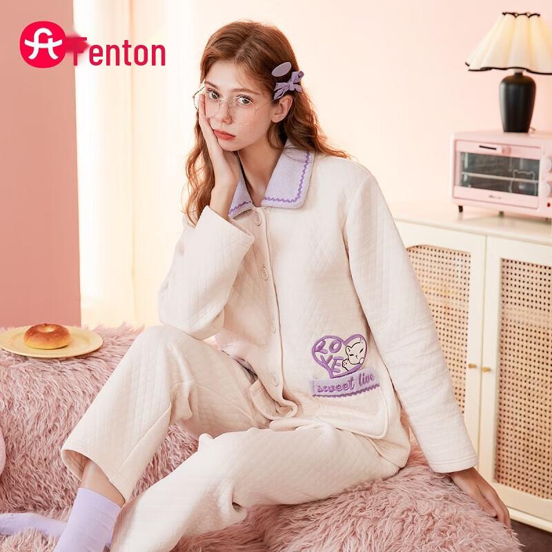 Fenteng Women s Air Cotton Lapel Homewear Set M