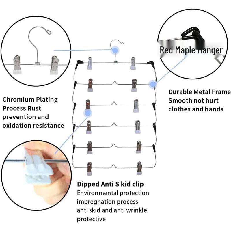 6-Layer Adjustable Foldable Metal Hanger with Clips for Skirts and Pants
