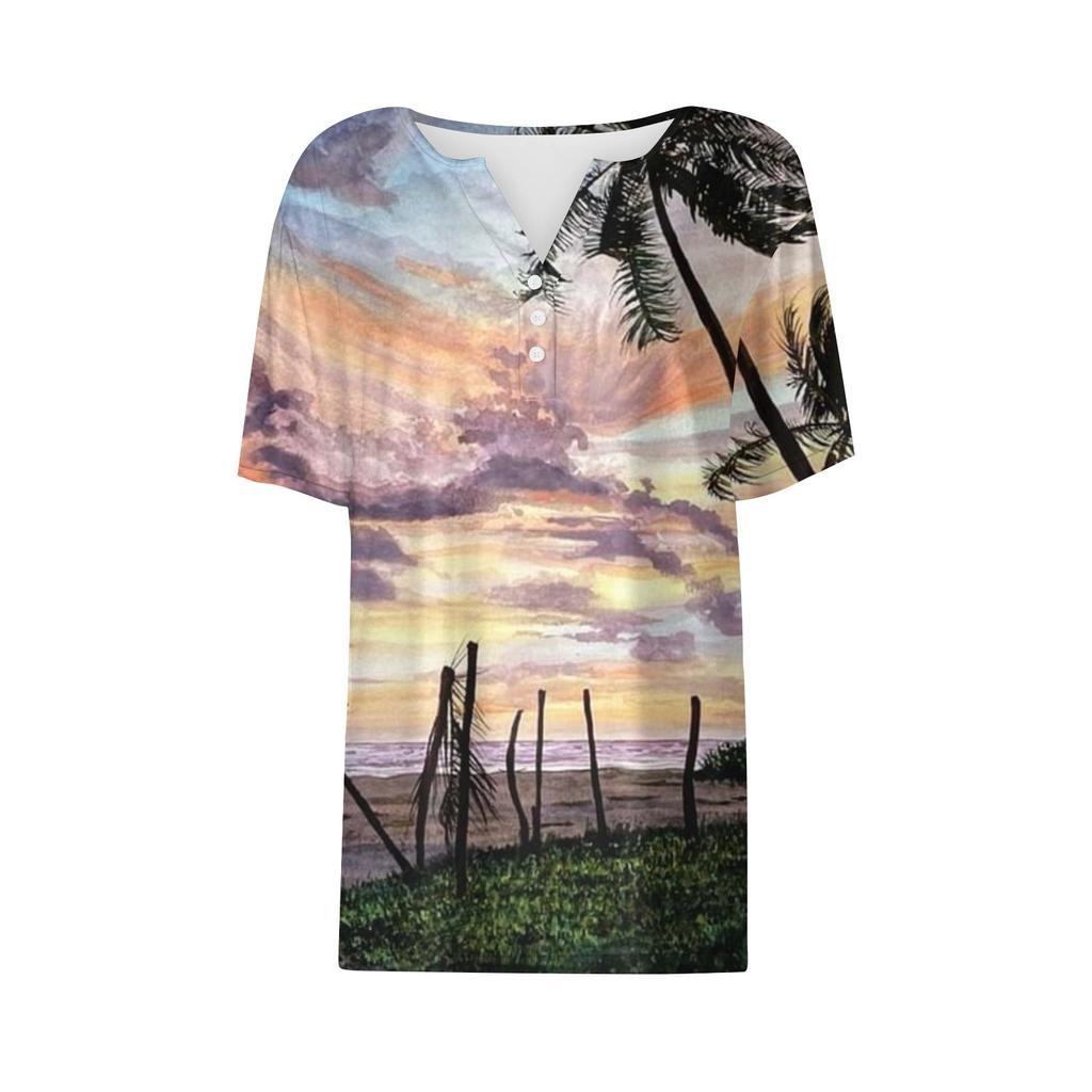 Women's T Shirt Tee Print Button Short Sleeve Daily Weekend Fashion Basic V- Neck Regular Top