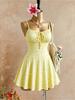 Women Thin Spaghetti Strap Ditsy Floral Front Tie Ribbed Mini Skater Dress 2026 Summer Y2K Yellow Cute Beach Vacation Swing Shor