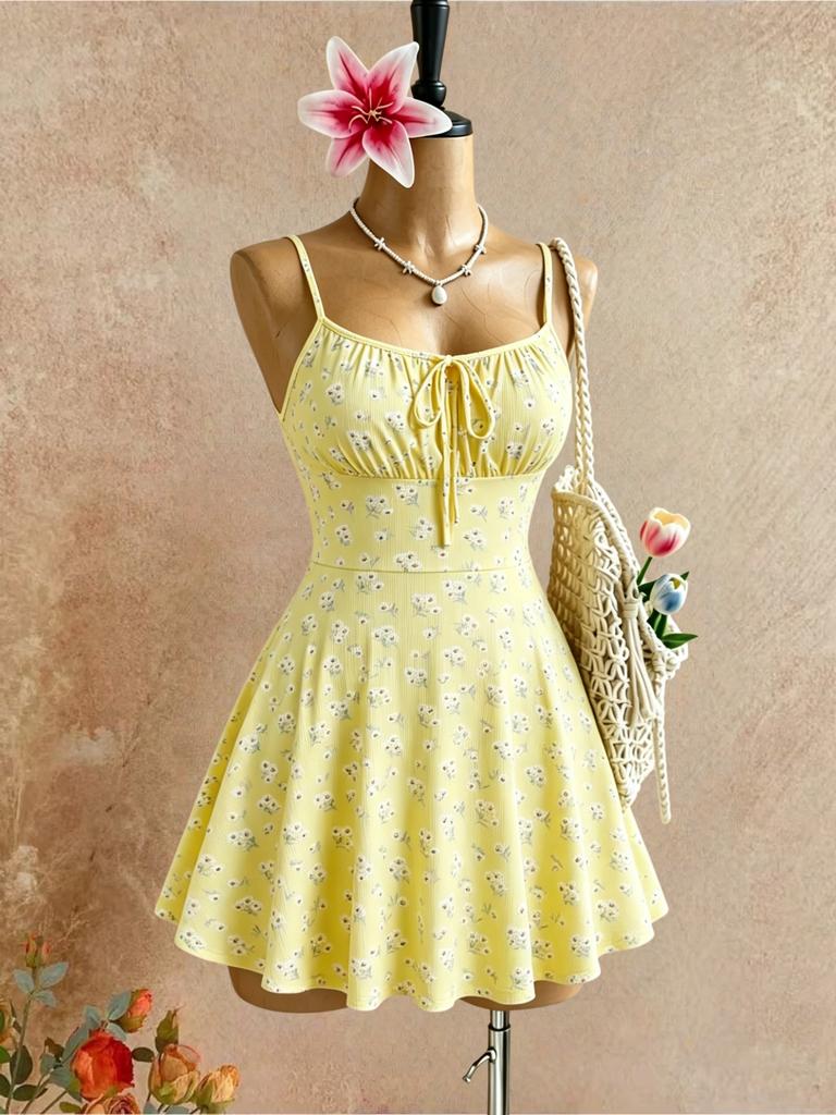 Women Thin Spaghetti Strap Ditsy Floral Front Tie Ribbed Mini Skater Dress 2026 Summer Y2K Yellow Cute Beach Vacation Swing Shor