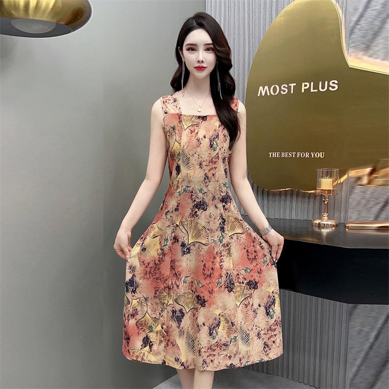 

2024 Noble Ice Silk Spaghetti Strap Sleeveless Summer Dress for Women 5XL