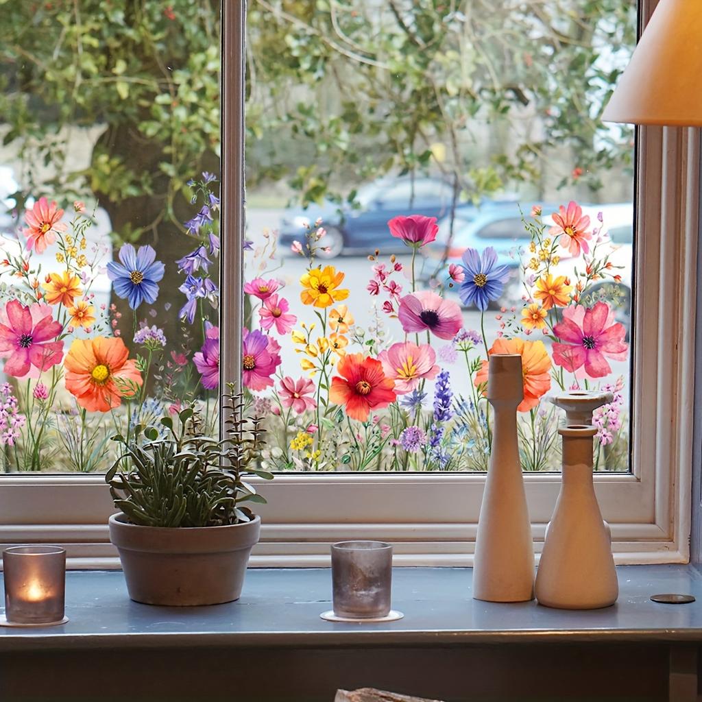 1pc Colorful Floral Bouquet Window Sticker, Plastic Flower Garden Decal For Living Room Bedroom, Home Wall Trim Decor