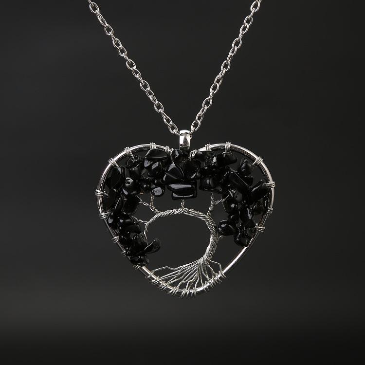 Seven-Color Heart-Shaped Tree of Life Necklace with Natural Stone Crystals