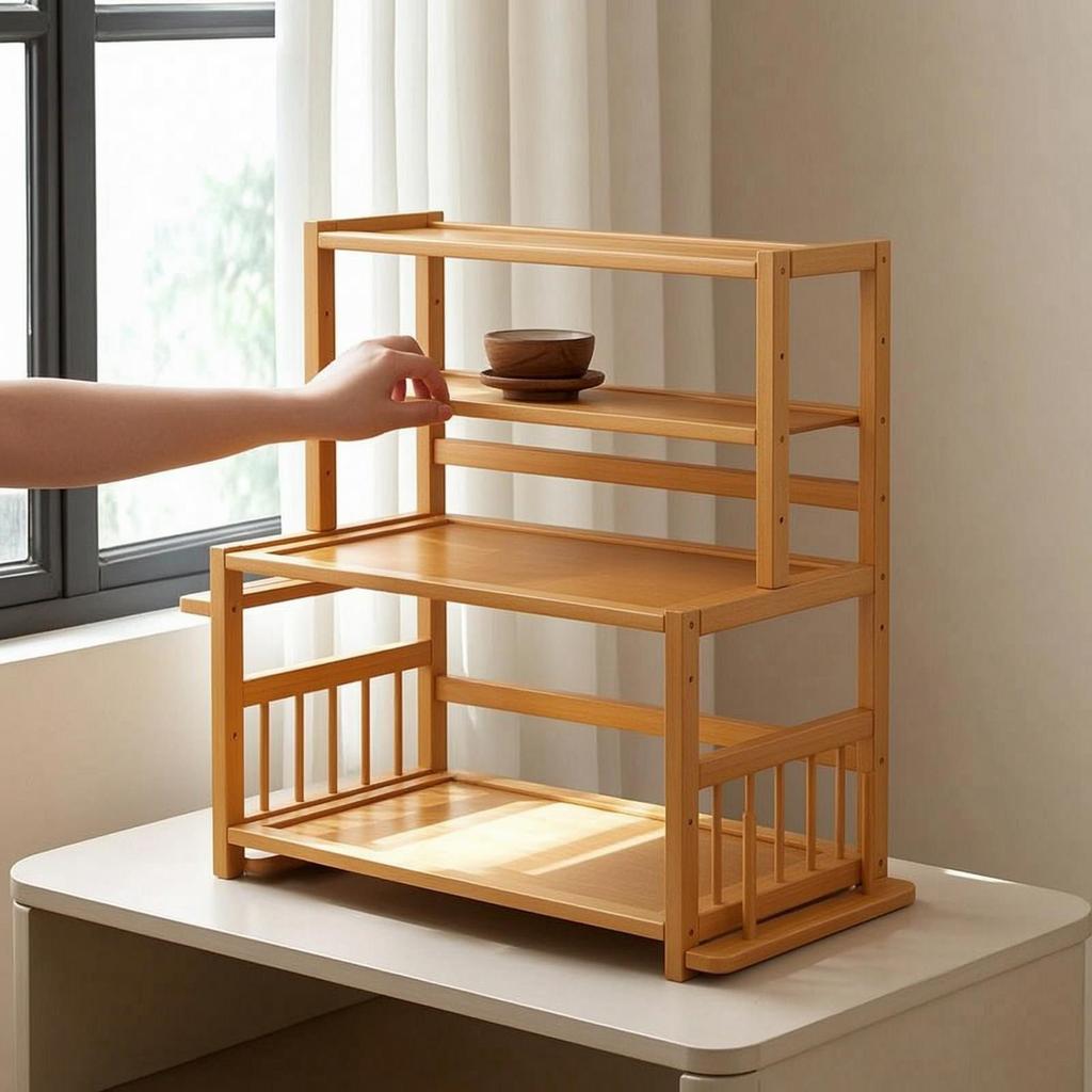 Countertop Shelf Organizer Space-Saving Kitchen Rack Tiered Wooden