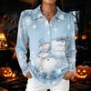 Women's Casual Button Long Sleeve Christmas Print Collared Top with Side Slits at Hem
