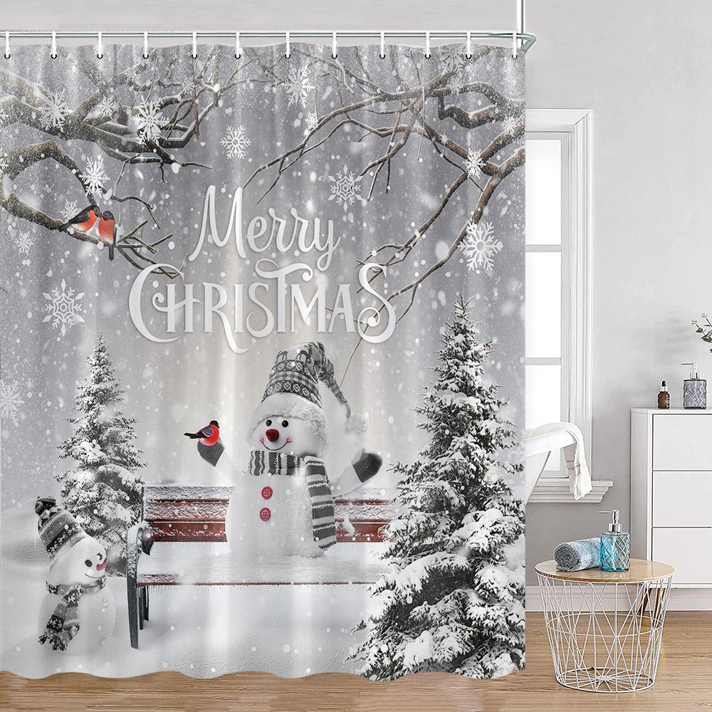 Christmas Snowman Happy New Year Shower Curtain Merry Christmas Winter Snowy Snowflake Pine Bathtub Decor Polyester Bath Curtain