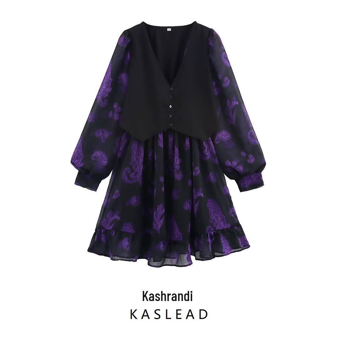 

2025 Spring Women s European-American Style Chiffon Long Sleeve Printed Dress - Simple Fake Two-Piece Design XS