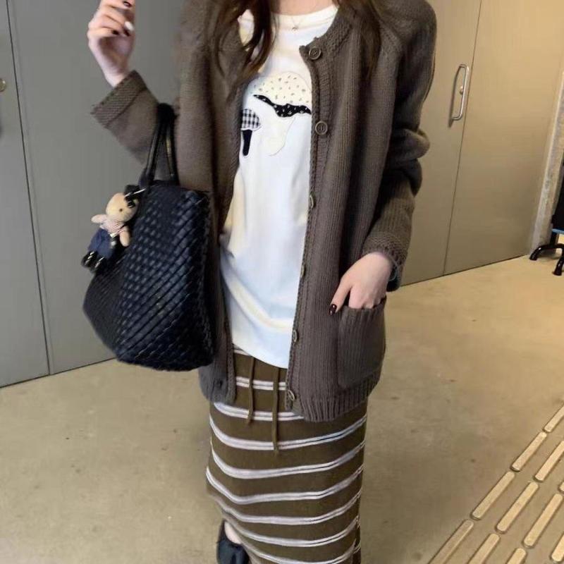 Stilvoller Basic Uni-Strickcardigan Damenbekleidung Lässig Rundhalsausschnitt Herbst Winter Locker Einreiher Koreanische Pullover